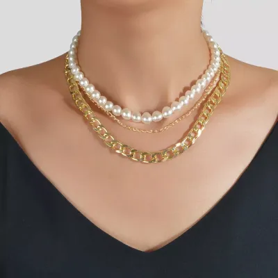 Punk Retro Multi-layer Pearl Golden Chain Necklace